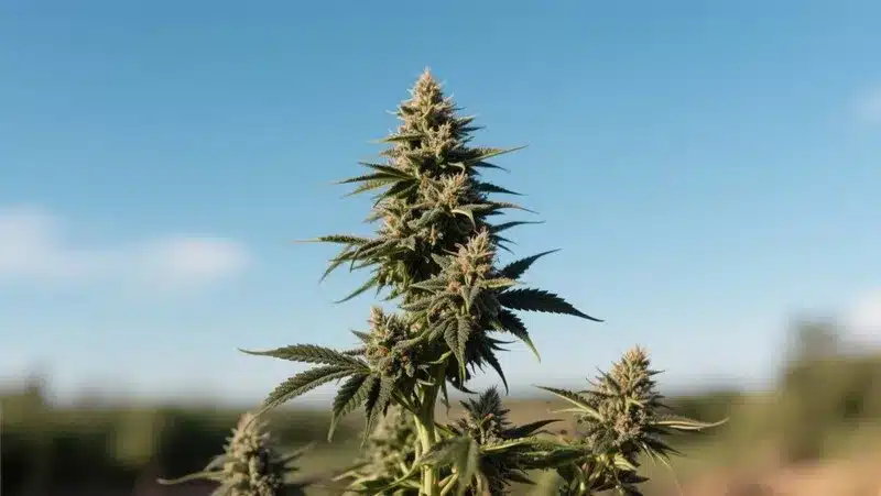 Black Hulk thriving outdoors with strong central cola and dense buds, ideal for warm, sunny conditions and high-yield outdoor cultivation.