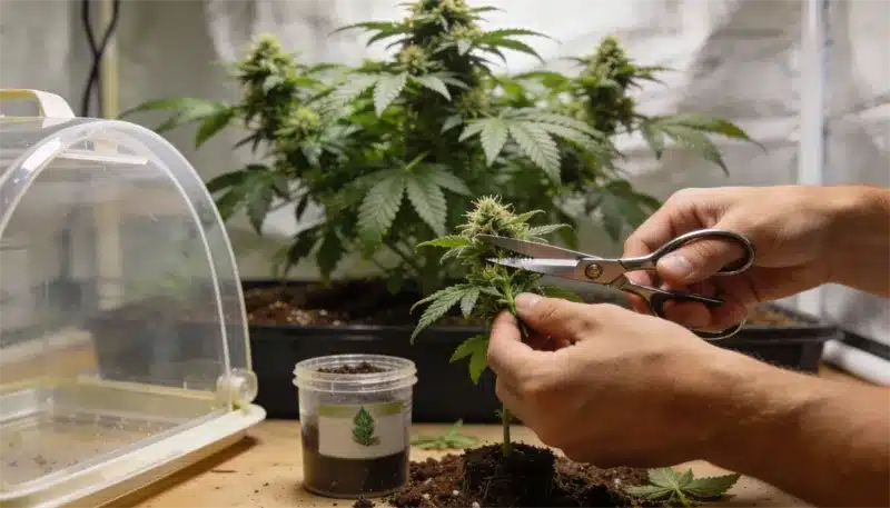 South African cannabis plant indoors, showing careful training, healthy foliage, and early flower development under controlled grow conditions.