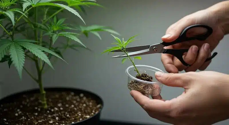 Hands taking a cutting from a young Strawberry cannabis plant, proper cloning technique, healthy roots, and careful handling during early propagation.