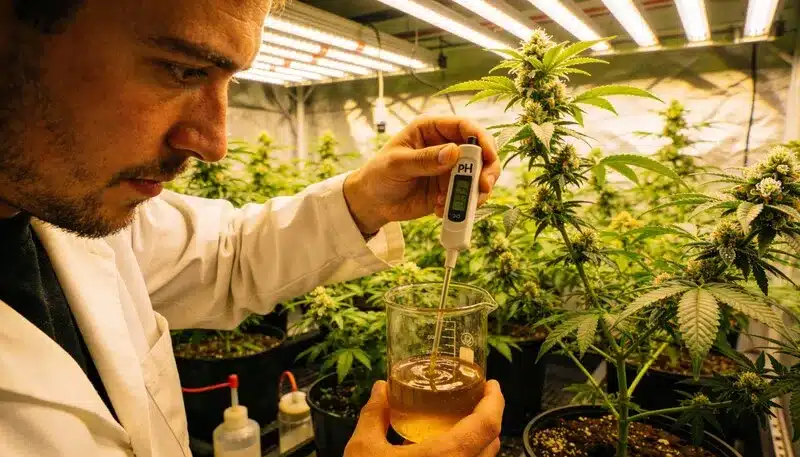 Tangie Regular cannabis plants during indoor cultivation, precise pH and nutrient solution monitoring to ensure healthy growth and strong terpene development.