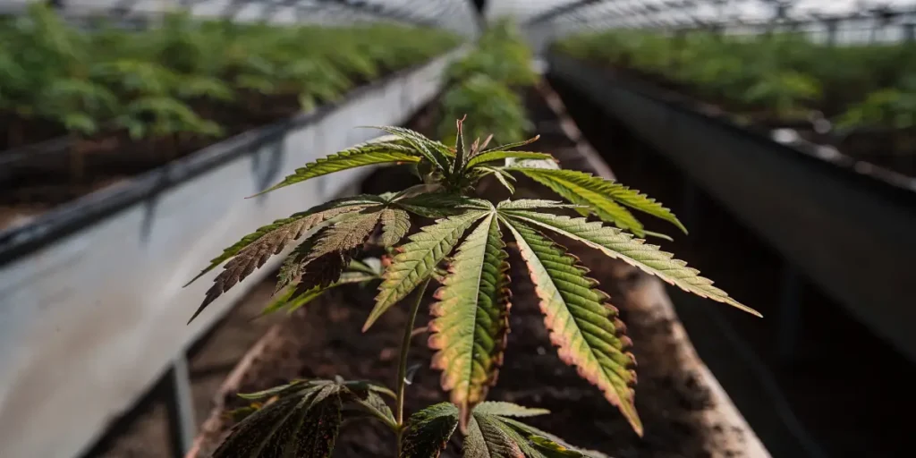 Cannabis leaves with burnt edges and discoloration inside an indoor cultivation setup.