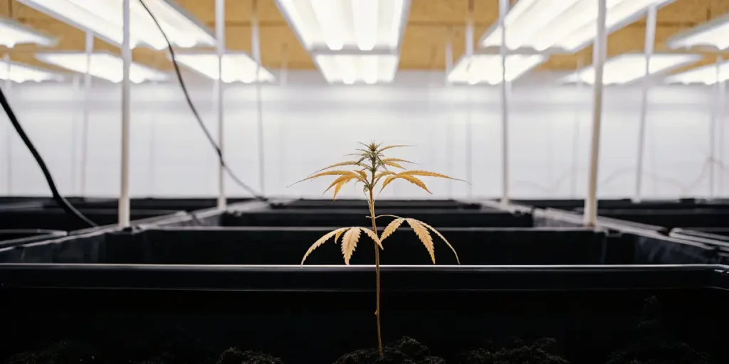 Petite plante de cannabis jaunissante dans une salle de culture intérieure équipée de lampes LED.