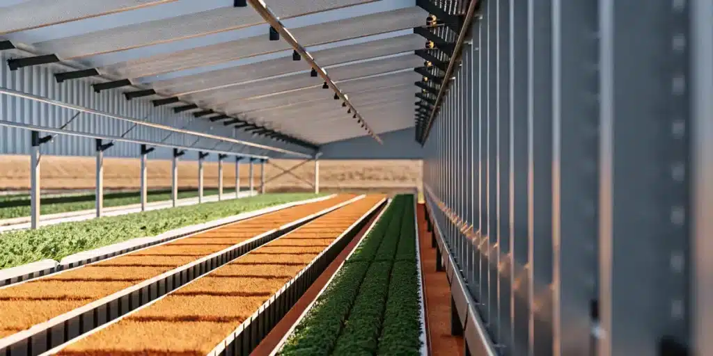 Automated greenhouse with long linear crop rows under a translucent roof equipped with overhead irrigation rails.