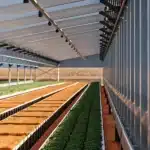 Automated greenhouse with long linear crop rows under a translucent roof equipped with overhead irrigation rails.