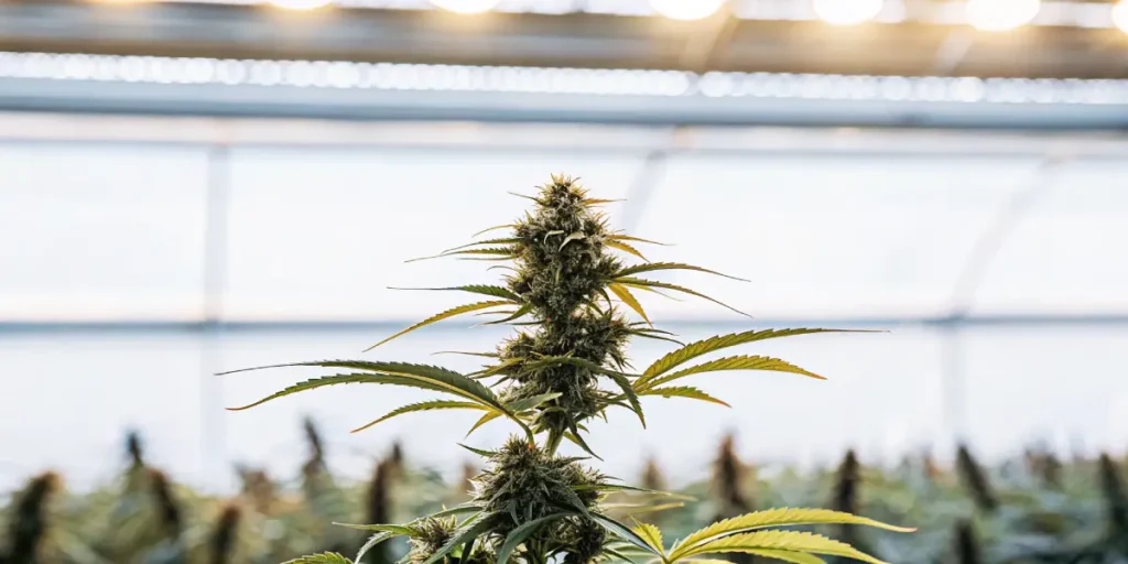 Gros plan d’un bourgeon de cannabis mûr sous lumière intense dans une serre moderne.