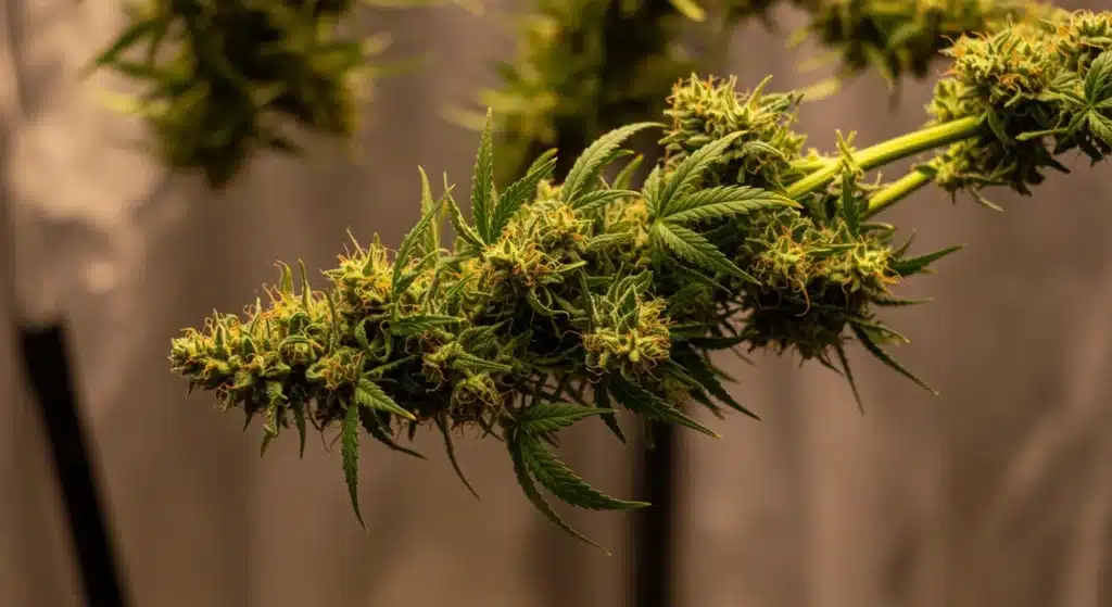 Cannabis branch drying with compact buds and visible trichomes during post-harvest curing.