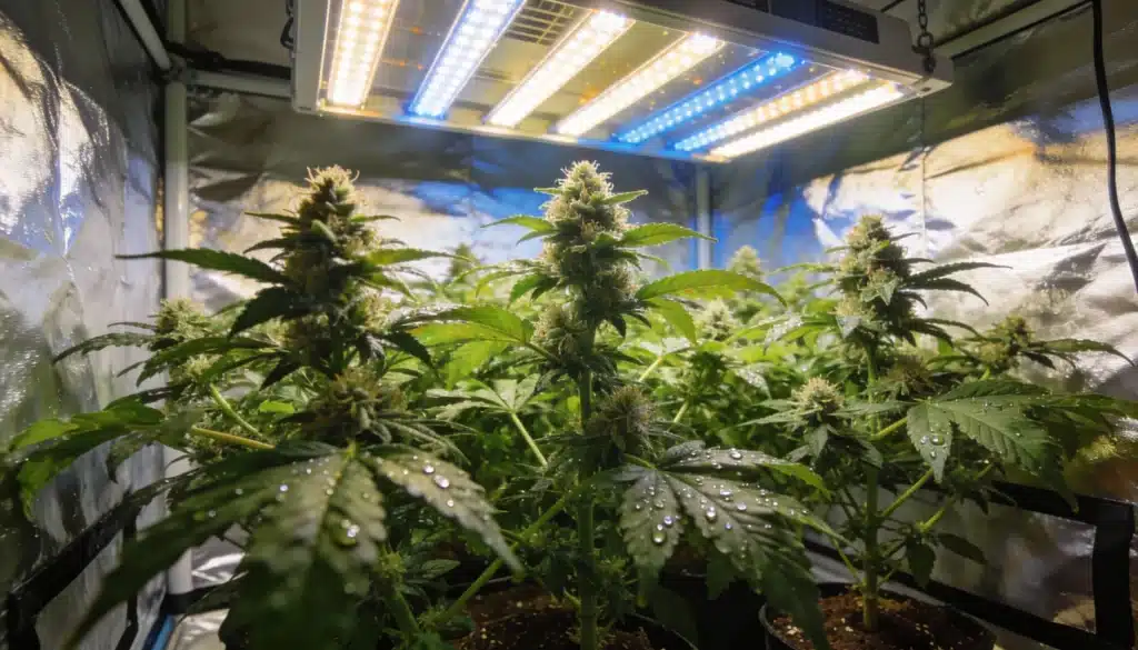 Outdoor cannabis plant in early flowering stage illuminated by sunset light.