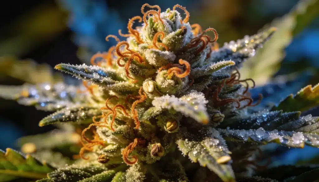 Cannabis bud close-up with dense trichomes, orange pistils, and resin-covered calyxes.