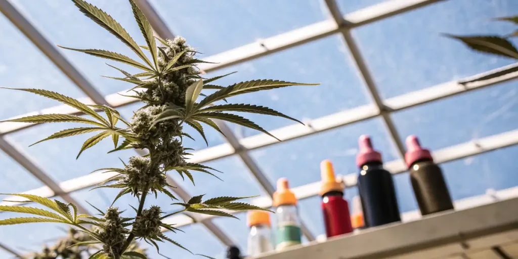 Flowering cannabis bud inside a greenhouse with nutrient and testing vials blurred in the background.