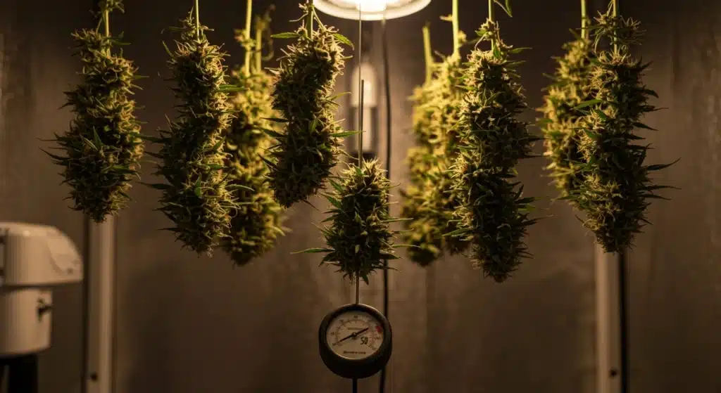 Cannabis buds hanging indoors during the drying process with controlled airflow and lighting.