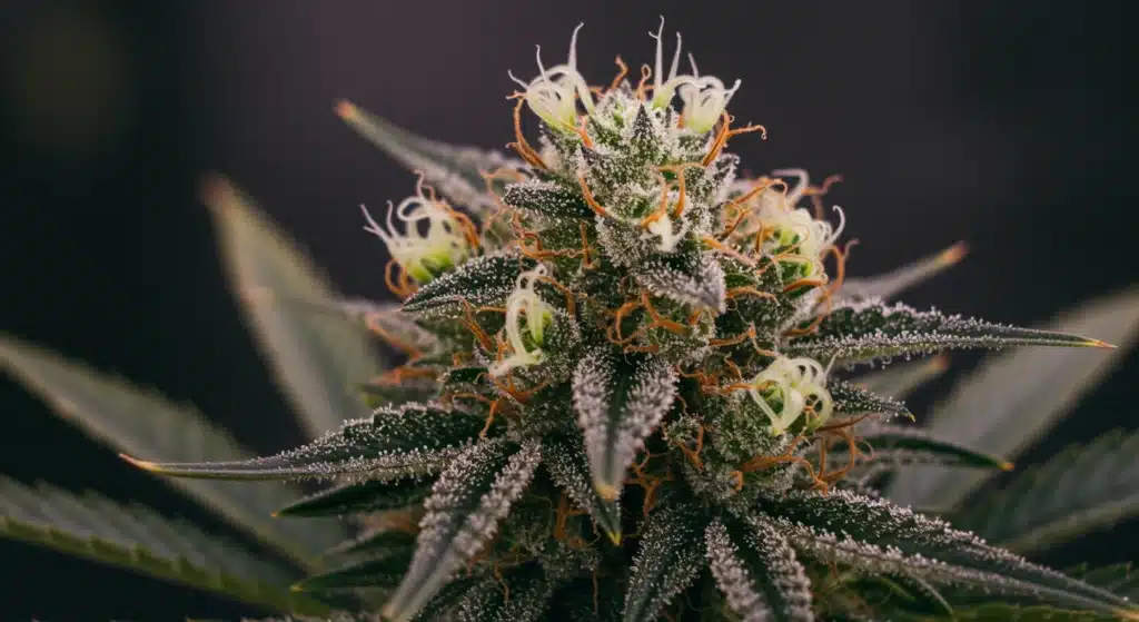 Cannabis bud macro with dense trichomes, white pistils, and frosty sugar leaves.