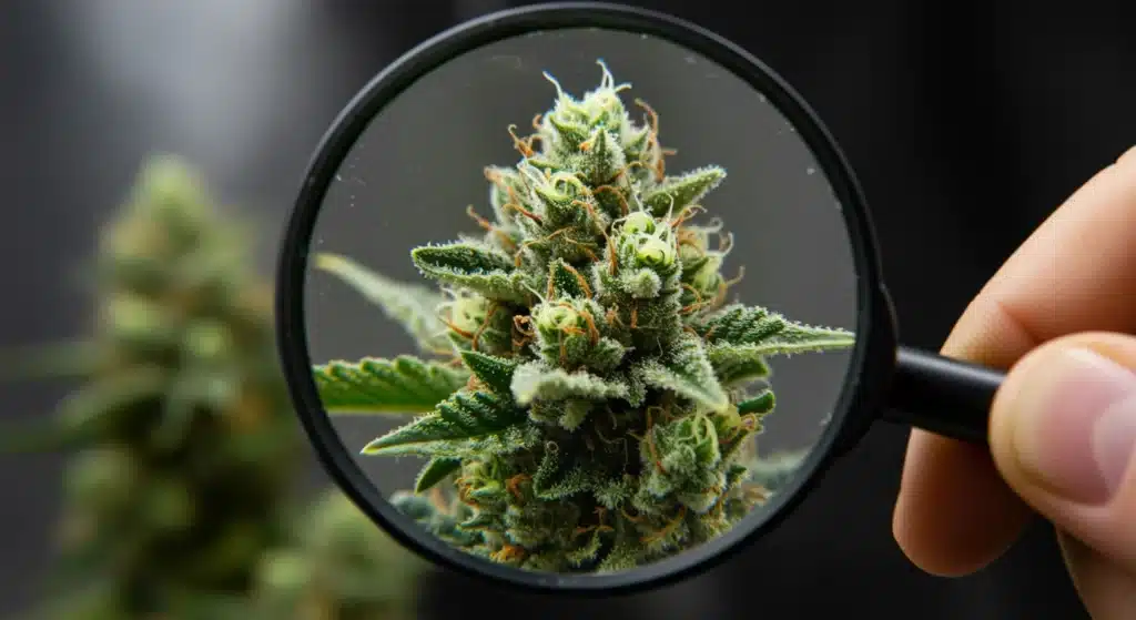 Cannabis bud trichomes under magnifying glass showing resin glands and pistils in high detail.