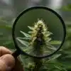 Outdoor cannabis bud under magnifying glass showing trichomes and pistils in detail.
