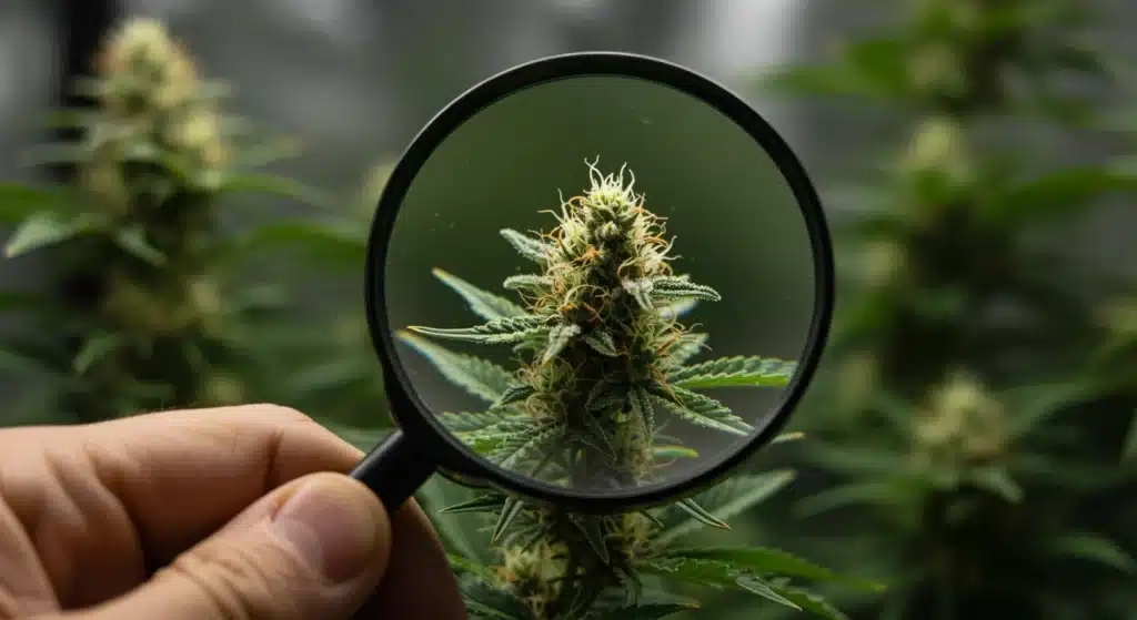 Outdoor cannabis bud under magnifying glass showing trichomes and pistils in detail.