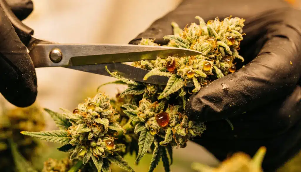 Trimming cannabis buds with visible resin droplets and dense trichome coverage.