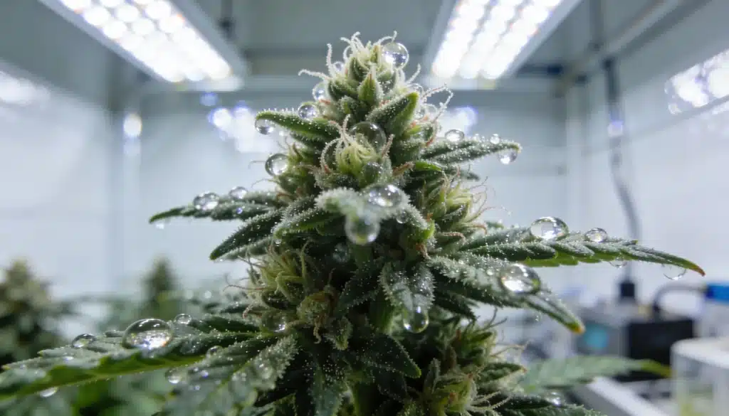 Indoor cannabis bud with visible trichomes and water droplets under grow lights.