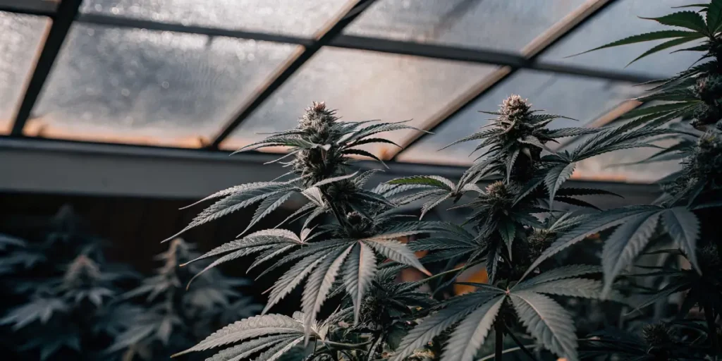 Mature cannabis buds flourishing inside a greenhouse with soft diffused natural light.