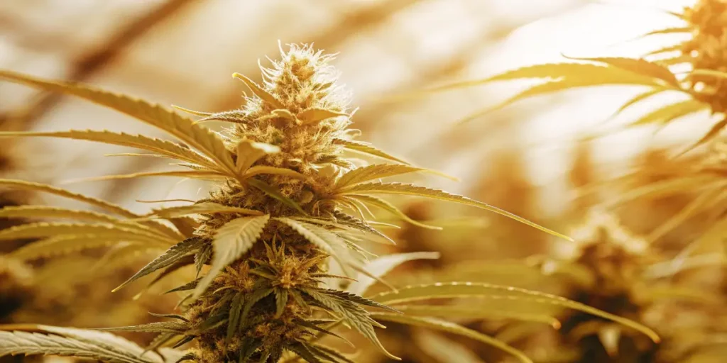 cannabis buds under warm sunlight in greenhouse environment