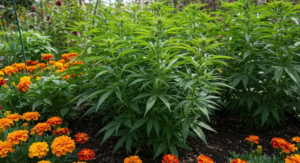 Cannabis companion planting with marigolds, showing healthy plants growing together in an outdoor garden.