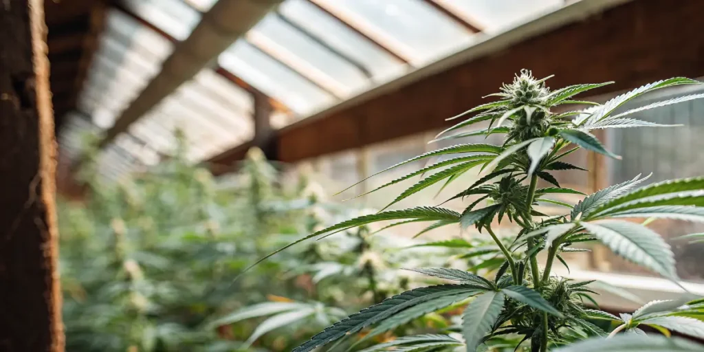 cannabis cultivation in greenhouse with sunlight and healthy leaves