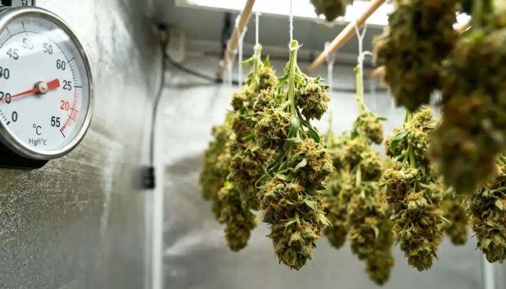 Cannabis drying room with hanging branches and humidity gauge controlling post-harvest conditions.