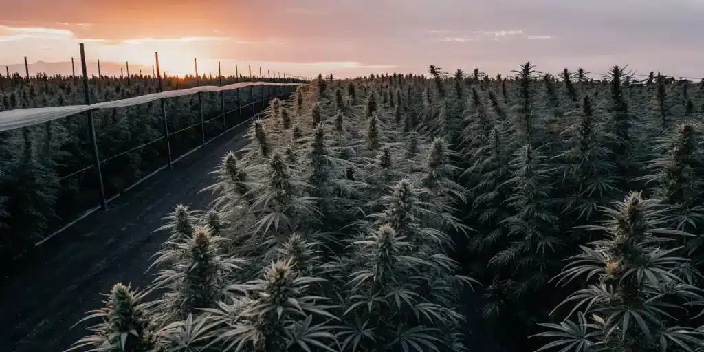 cannabis farm at sunset with mature flowering plants ready for harvest