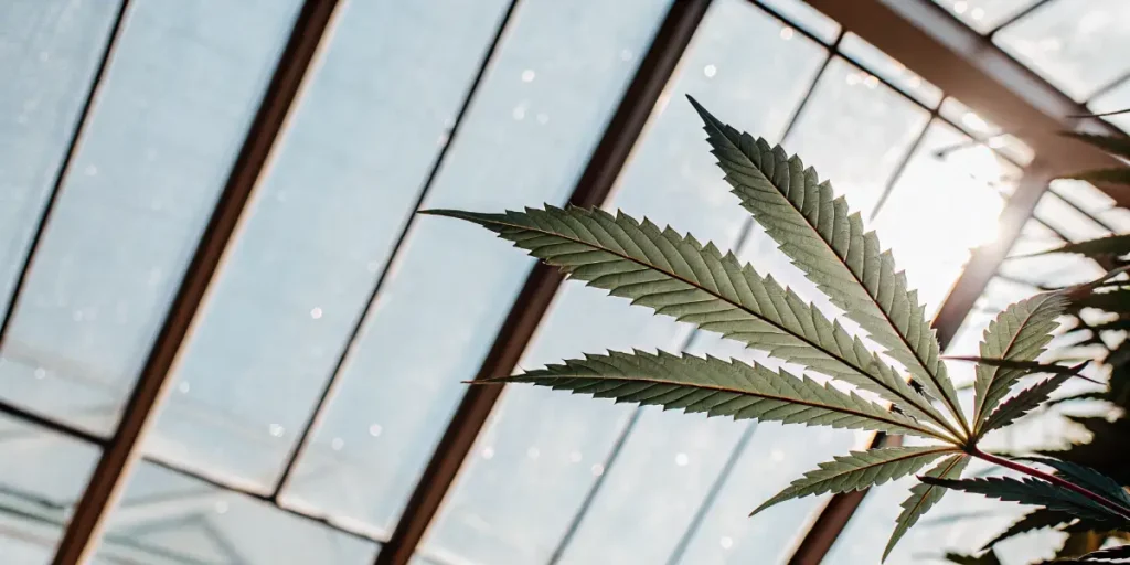 Feuille de cannabis éclairée par le soleil dans une serre moderne, vue en gros plan.