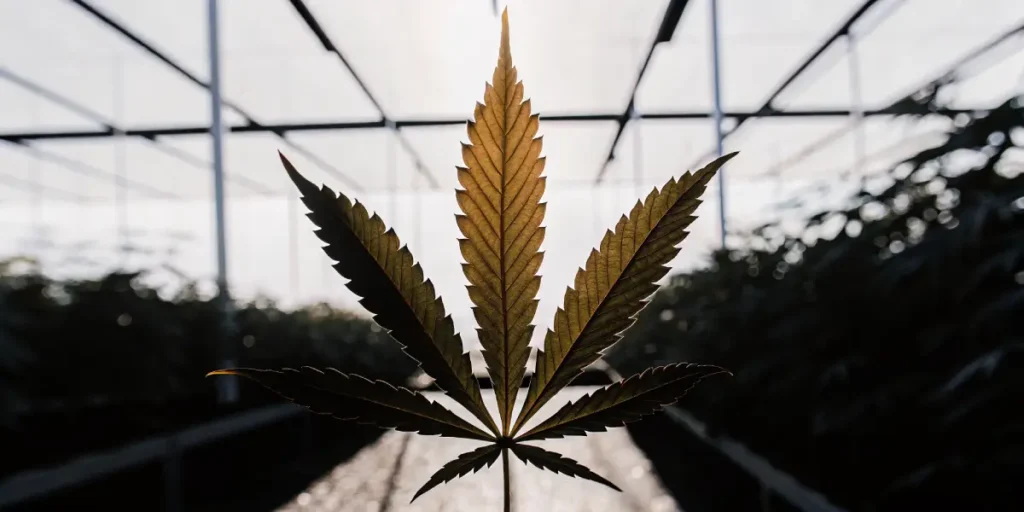 Feuille de cannabis montrant une carence nutritive avec des zones brunies, photographiée en gros plan dans une serre éclairée.