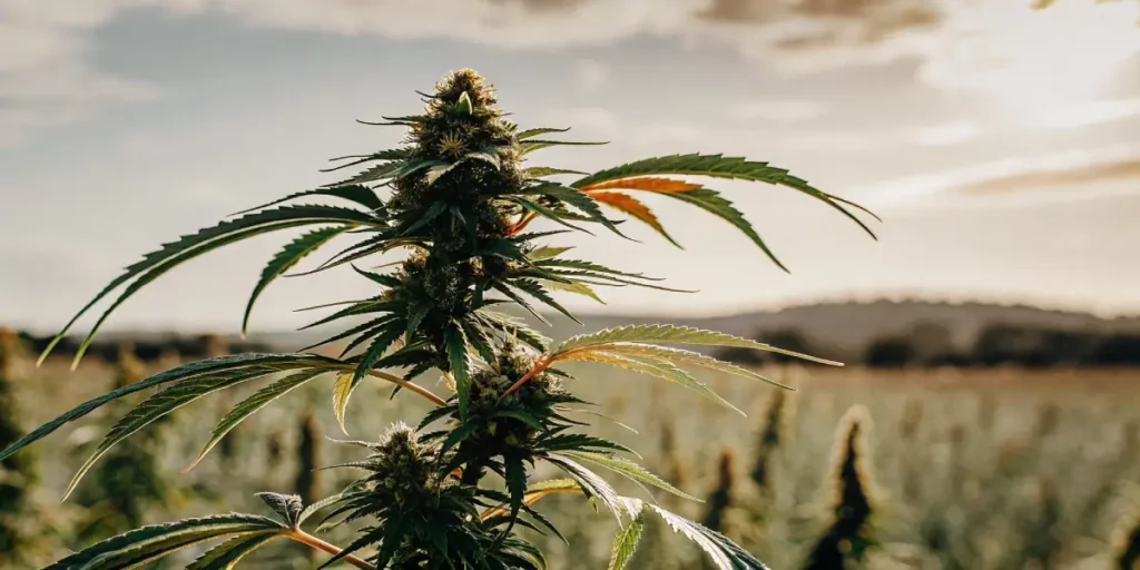 Cannabis-field-flowering-top-bud lit by warm sunset light in an open field.