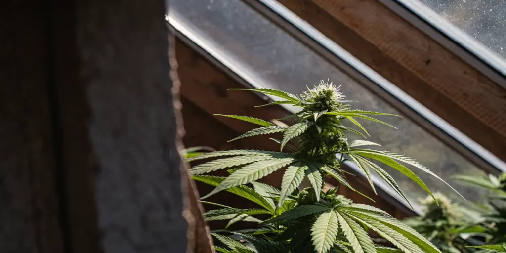 cannabis flowering plant near glass window greenhouse