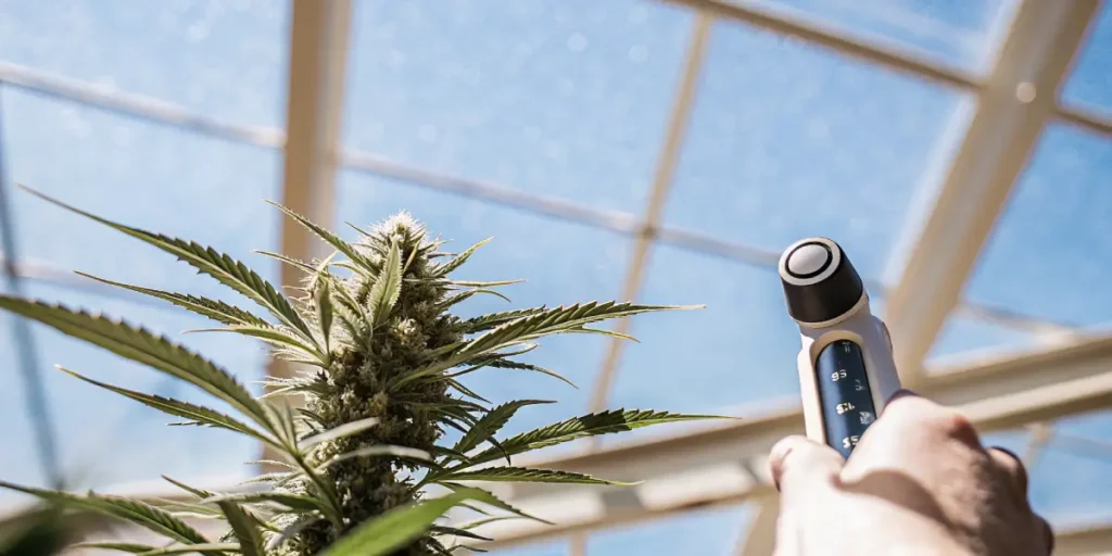 cannabis flowering plant being measured with lab device under sunlight