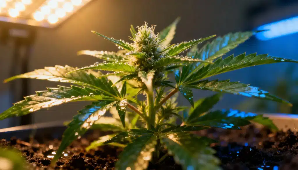 Cannabis flowering stage under LED lights with developing buds, fresh pistils, and healthy leaves in an indoor grow setup.