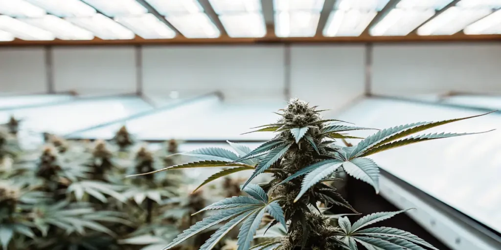 Cannabis-flowering-top-greenhouse-light showing a resinous top cola beneath bright greenhouse panels.