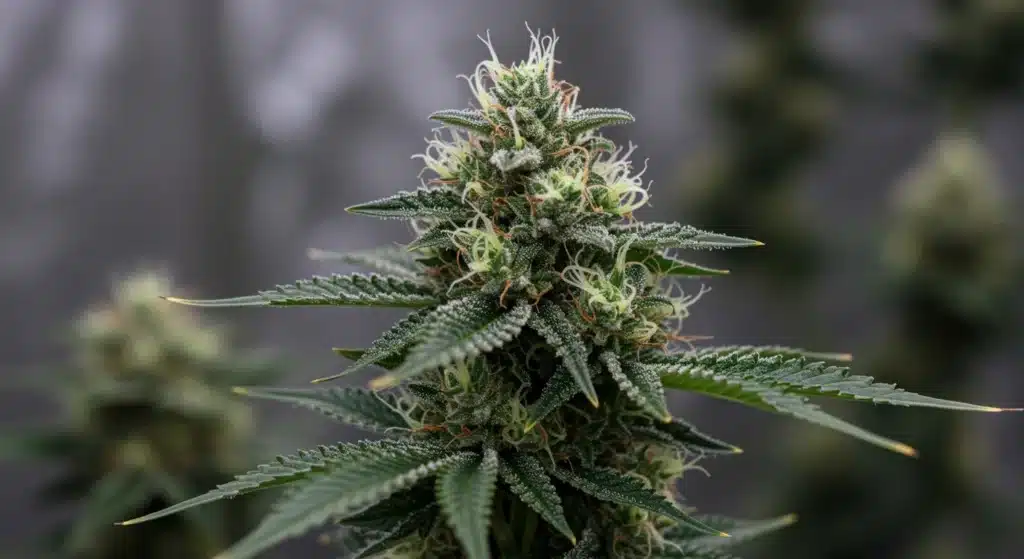 Cannabis flowering top with dense trichomes, white pistils, and resin-rich buds in sharp detail.