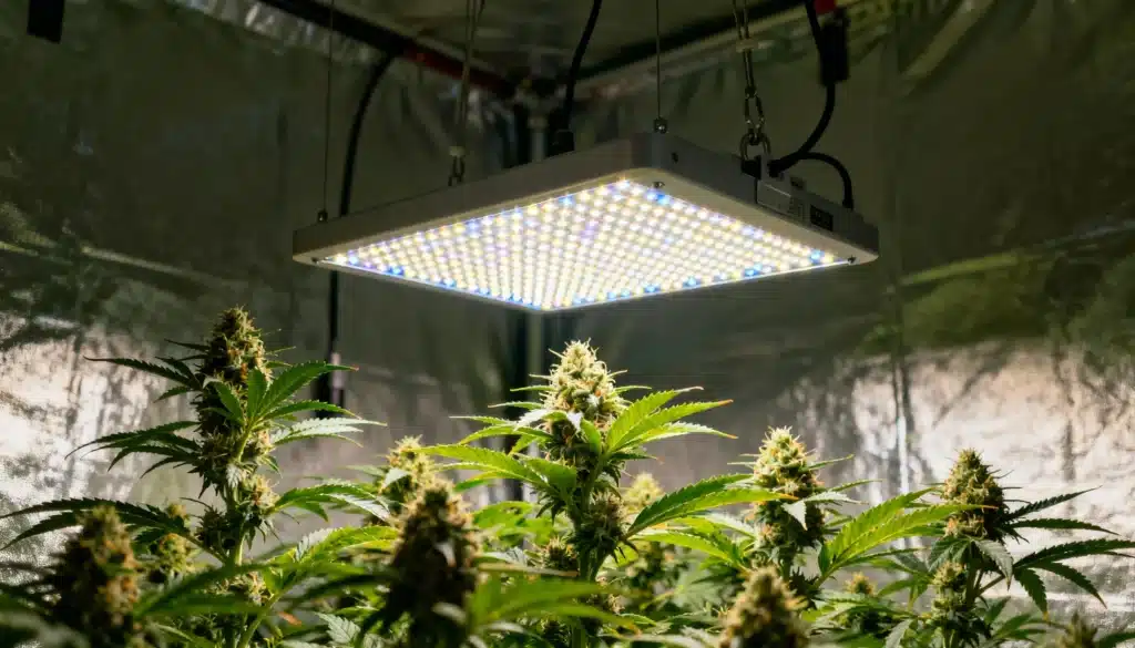 Cannabis flowering top under LED grow light with dense buds and vibrant green leaves inside a controlled indoor grow tent.
