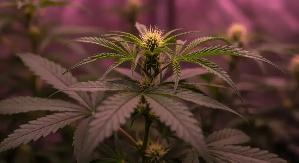 Cannabis flowering top under purple grow lights with white pistils and broad green leaves.