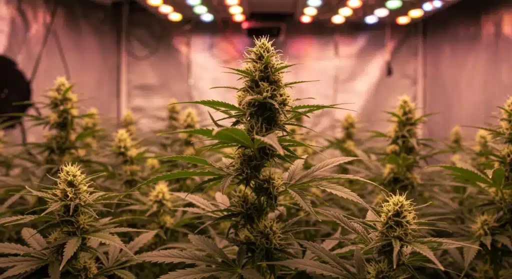 Cannabis flowering under full-spectrum LED lights with uniform canopy and developing colas.