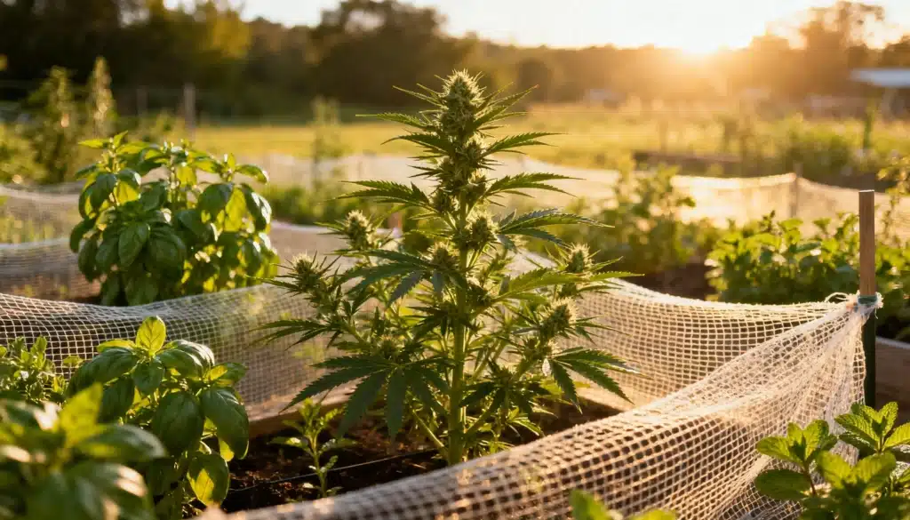 Cannabis garden with companion plants growing outdoors at sunset, showing natural cultivation and protective netting.