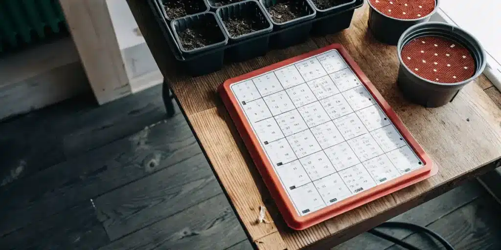 Cannabis grow log sheet and seedling trays organized on a wooden workbench.