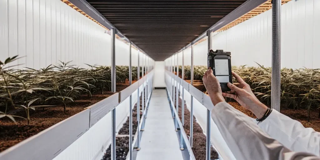 Cannabis-grow-room-monitoring showing rows of young plants and a technician checking data.