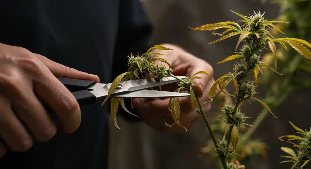 Cannabis harvest pruning process with hands trimming flowering branches using scissors.