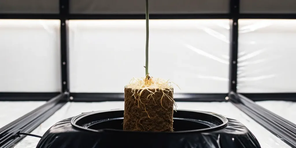 Cannabis hydroponic root cube with exposed roots suspended above a grow system.