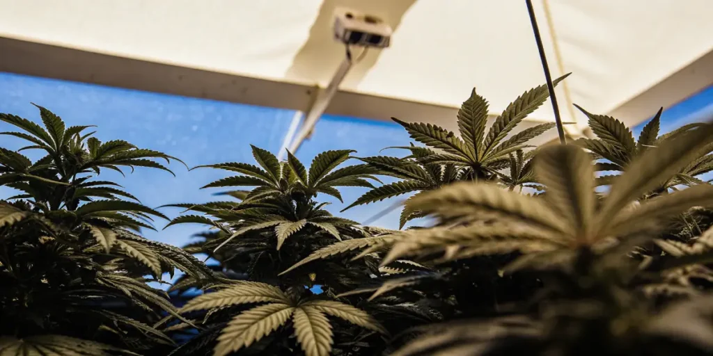 Cannabis indoor canopy under shade with lush green leaves growing beneath a bright blue and white overhead structure.