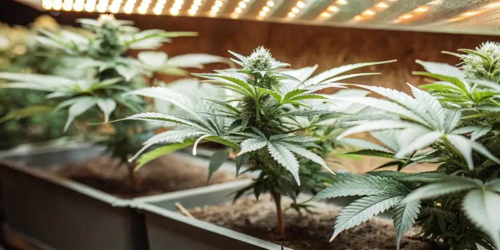 Cannabis-indoor-pots-flowering-stage showing frosty buds growing in pots under LED lighting.