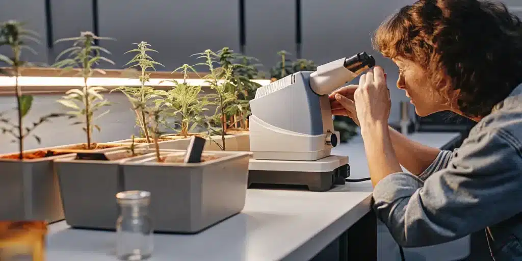 scientist testing cannabis plants under microscope in laboratory