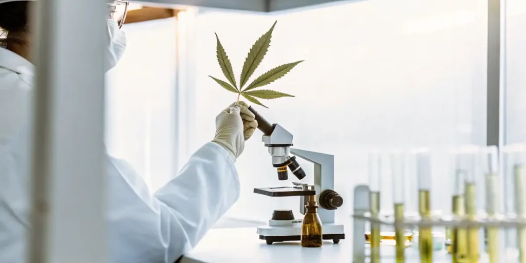 scientist examining cannabis leaf under microscope in laboratory