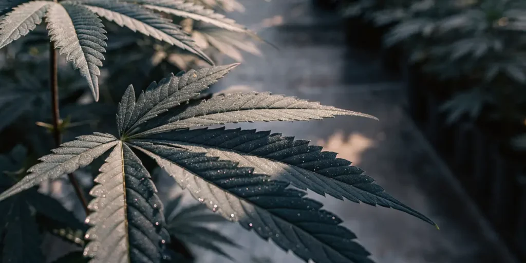cannabis leaf close-up with morning water droplets