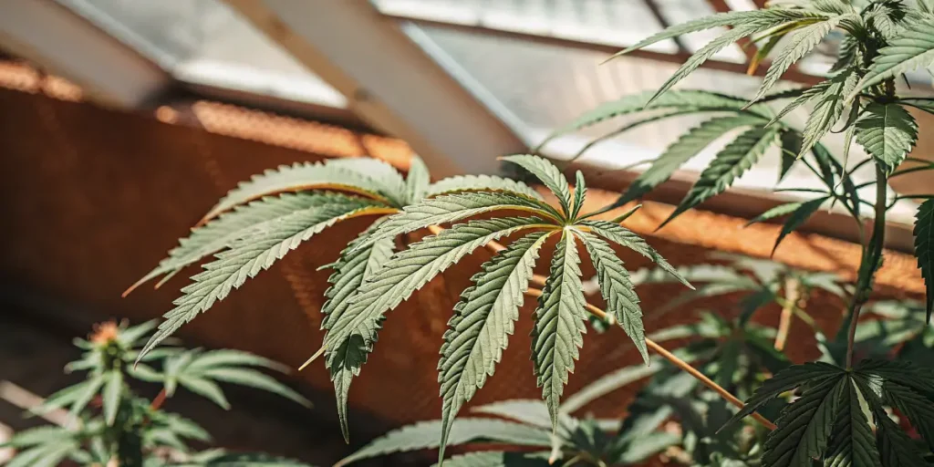 Cannabis-leaf-greenhouse-closeup showing a healthy marijuana leaf under natural sunlight inside a greenhouse.