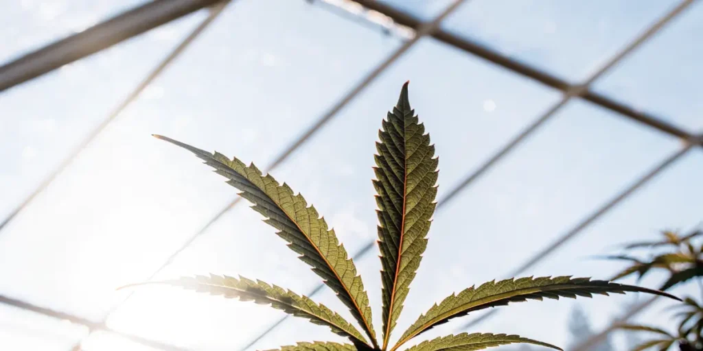 cannabis leaf in greenhouse sunlight with clear sky background