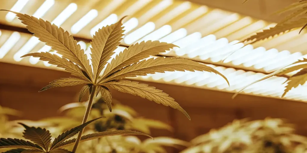 Close-up of a cannabis leaf illuminated by warm LED grow lights in an indoor cultivation setup.